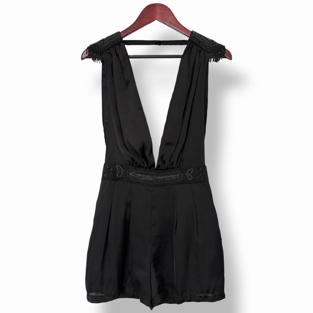 Black Satin Beaded Plunge Romper Deep V Backless Festival Party Playsuit Small S